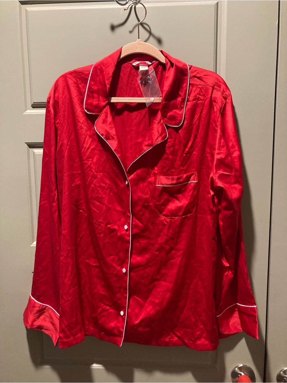 Victoria's Secret Red Satin Pajama Shirt with White Piping